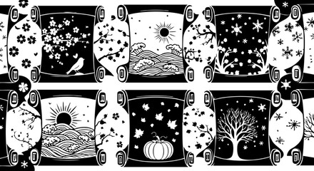 Elegant scroll vignettes showcase nature's beauty across seasons capturing spring blossoms summer waves autumn harvest winter snow and bare trees