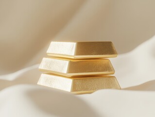 front-facing image of gold bars with clean edges stacked high, behind them a milky soft white studio backdrop 
