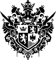 Elegant, ornate royal crest design featuring lions, eagles, crowns, and crossed swords symbolizing power and heritage, perfect for historical branding.