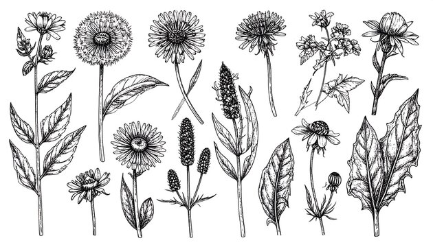 Botanical line art Various wildflowers & foliage, black ink on white, vintage-style, detailed sketches - Powered by Adobe