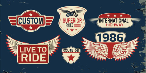 Collection of vintage motorcycle emblems and badges with wings and retro text on a grunge background