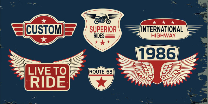 Collection of vintage motorcycle emblems and badges with wings and retro text on a grunge background