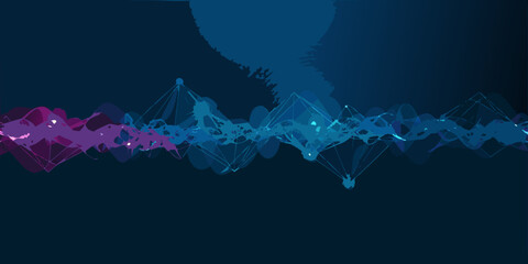 Abstract digital wave form with geometric network connections and dark blue background