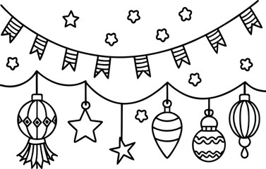 Cute bunting flags and hanging ornaments with stars in line art style