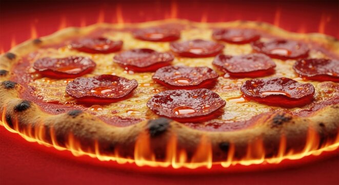 Pizza apetitosa ardiendo en llamas sobre fondo rojo