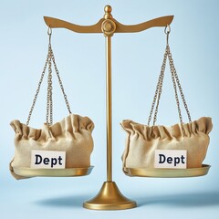 a collection of "Dept"-labeled sacks weighing down one side of a balancing scale, isolated on a light blue background 