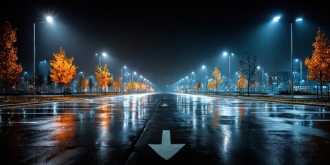 A wet road at night with street lights and trees lining the sides of the road creating a tunnel effect