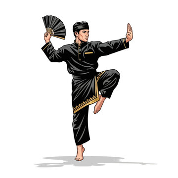 Traditional Silat Martial Arts Fighter Vector Illustration, Performing Kipas Stance on White Background