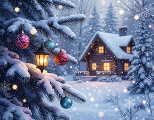 A cozy wooden cabin glowing with warm lights in a snowy winter forest, decorated with Christmas ornaments and a lit lantern on a snow-covered pine branch.