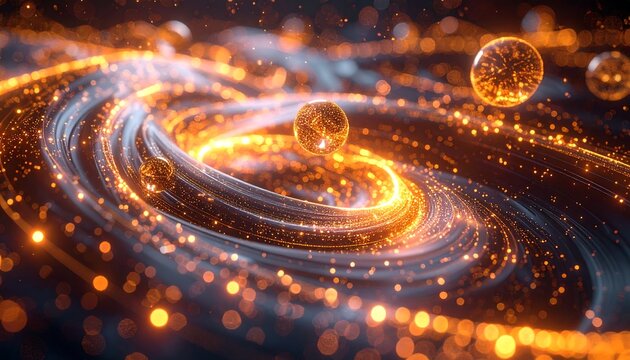 Abstract spiral galaxy rendered with glowing, golden orbs and swirling light trails on dark background, with depth of field