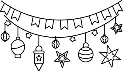 Festive hanging decorations, bunting, stars, and baubles line art