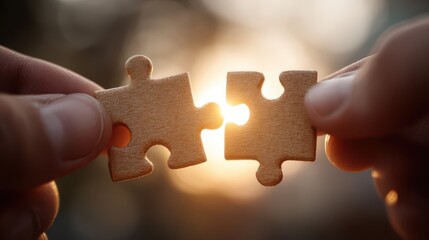 Close up of hands holding two jigsaw puzzle pieces with sunlight shining through the gap, symbolizing teamwork and connection