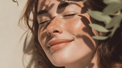 Portrait of a beautiful young woman with closed eyes on a sunny day with foliage shadows.
