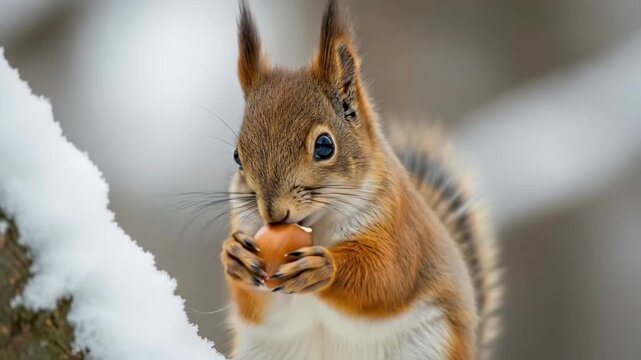 Adorable squirrel enjoying nut in snowy winter forest closeup