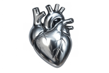 Human heart organ in shiny chrome metal, representing health, love, and powerful technology, 3d rendering isolating subject