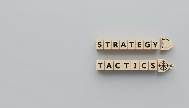 Strategy and Tactics spelled with blocks, each ending with a symbol of their essence chess piece for strategy, target for tactics on grey.