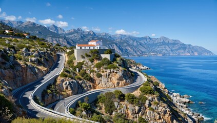 Scenic coastal road winding along the adriatic sea with mountains in the background on a sunny day