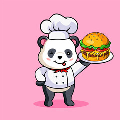 Cute Panda Wearing a Chef Costume Proudly Serving a Plate of Tasty Burger Vector Illustration Cartoon Design