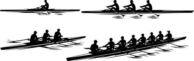 Silhouettes of single, double, quad, and eight-person rowing teams, sculling and sweep boats, competitive crew sport vector illustration, water racing concept