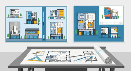 architectural planning concept with building blueprints and floor plans on a drafting table illustrating modern design and construction