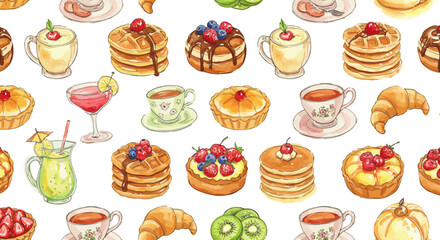 bakery pastries assortment pattern watercolor illustration of desserts and drinks on a white background perfect for food blog design and cafe menus.