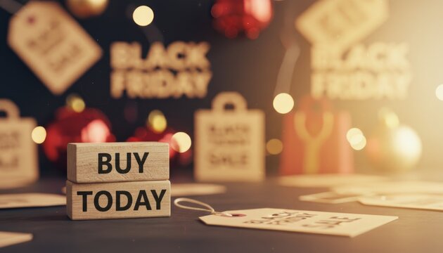 Warmtoned Black Friday scene with Buy Today blocks, shopping bags, ornaments, and sale tags. Inviting shoppers to seize limitedtime deals.