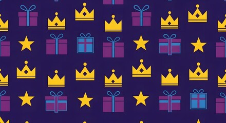 Epiphany, Royal Holiday Seamless Pattern with Crowns, Stars, and Gifts for