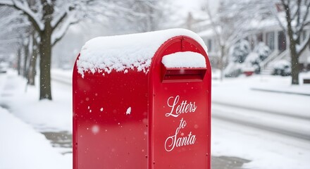 A bright red mailbox covered in snow, awaiting winter holiday letters.