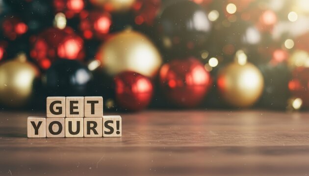 Festive holiday image featuring wooden blocks spelling GET YOURS with red, gold, and black ornaments in the background, promoting seasonal sales.