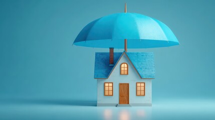A miniature house is protected from above by a blue umbrella, symbolizing home insurance and financial security concept