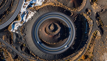 Obraz premium Aerial view of a roundabout on a volcanic landscape with a unique geological formation in lanzarote