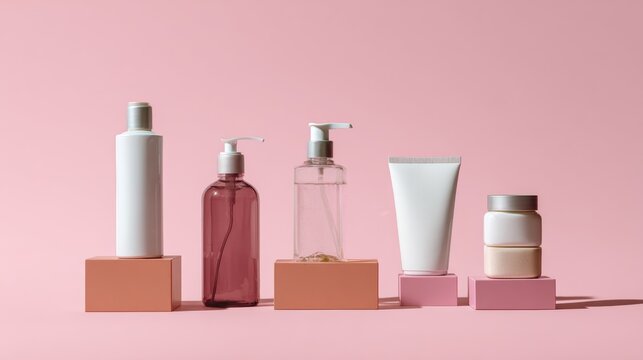 Beauty products in pink minimalist setting with shadows - Powered by Adobe