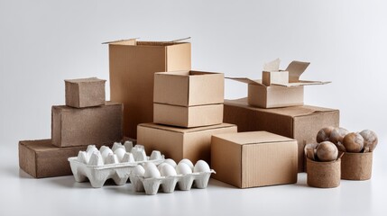 Cardboard boxes with eggs and nuts on white background