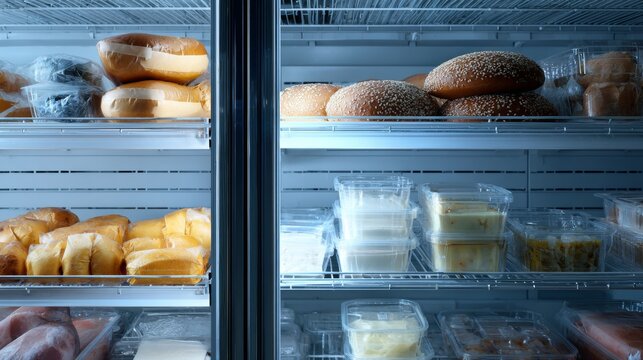 Refrigerated shelves with bakery items and dairy products