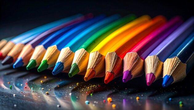 Arranged row of colorful pencils points, creating vibrant, rainbow hues, reflecting soft light on a dark surface