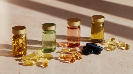 Capsule supplements and oil bottles in morning sunlight