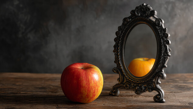 An apple sits next to a mirror reflecting a yellow apple on a table