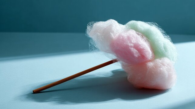 Pastel cotton candy on blue surface with soft shadows