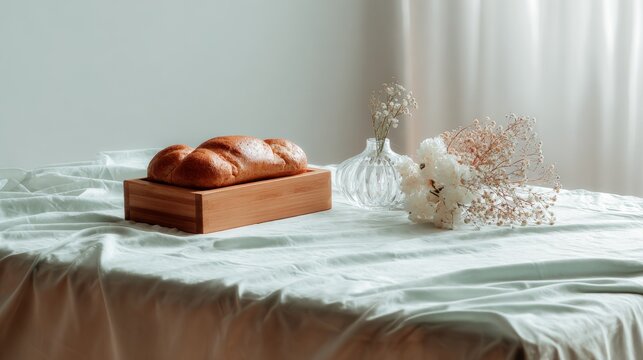 Fresh bread loaf on wooden tray with soft fabric backdrop