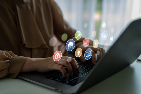 Set of business and digital service icons representing finance, cloud, analytics, email, communication, ecommerce, cybersecurity, and global connectivity in a modern ecosystem Latch