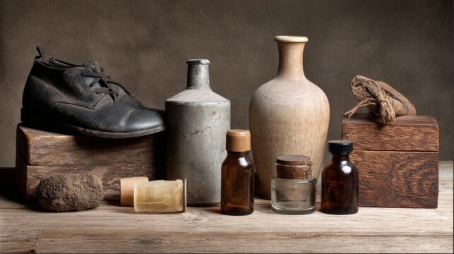 Rustic grooming setup with shoes and vintage glassware