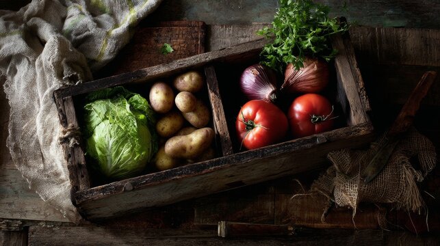 Wooden crate filled with fresh vegetables on rustic surface