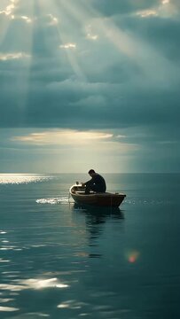 A lone figure sitting in a small boat on tranquil water captures deep reflection, emotional stillness, and the quiet beauty of a calm seascape.