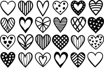 Collection of diverse hand-drawn heart shapes and patterns on white background
