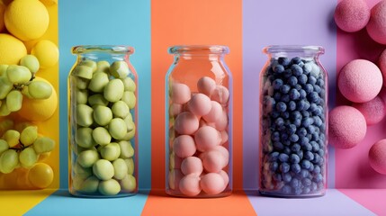 Glass jars filled with colorful coated candy arranged on vibrant multicolor background panels