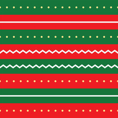 Festive Christmas pattern with alternating red-green stripes, dotted yellow accents, and wavy white lines, forming a decorative seamless holiday background