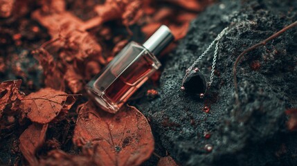 Dark fantasy concept with red perfume bottle and spider web in dramatic moody lighting scene