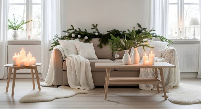 Cozy living room adorned with festive greenery and warm candlelight evokes a peaceful Christmas spirit. - Powered by Adobe