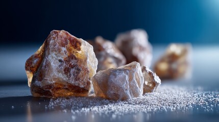 Close-up of raw sugar crystals on blue background with light reflections and sharp texture details