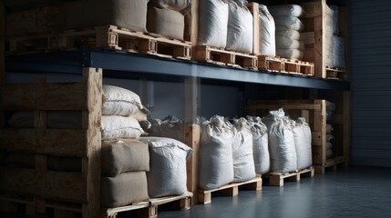 Large bags of grains stacked on wooden pallets in storage warehouse with low light